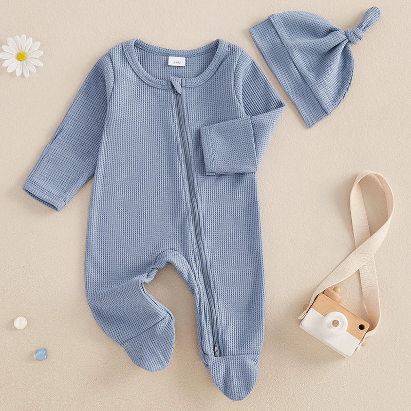 Baby Solid Color Waffle Long Sleeve Crew Neck Zipper Footed Jumpsuit with Hat