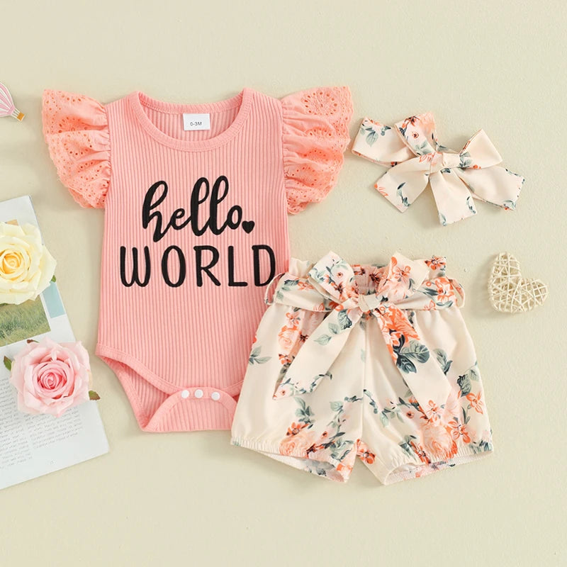 Baby Girls Shorts Outfits Letter Print Fly Sleeve Romper with Floral Shorts and Heaband 3Pcs Summer Set