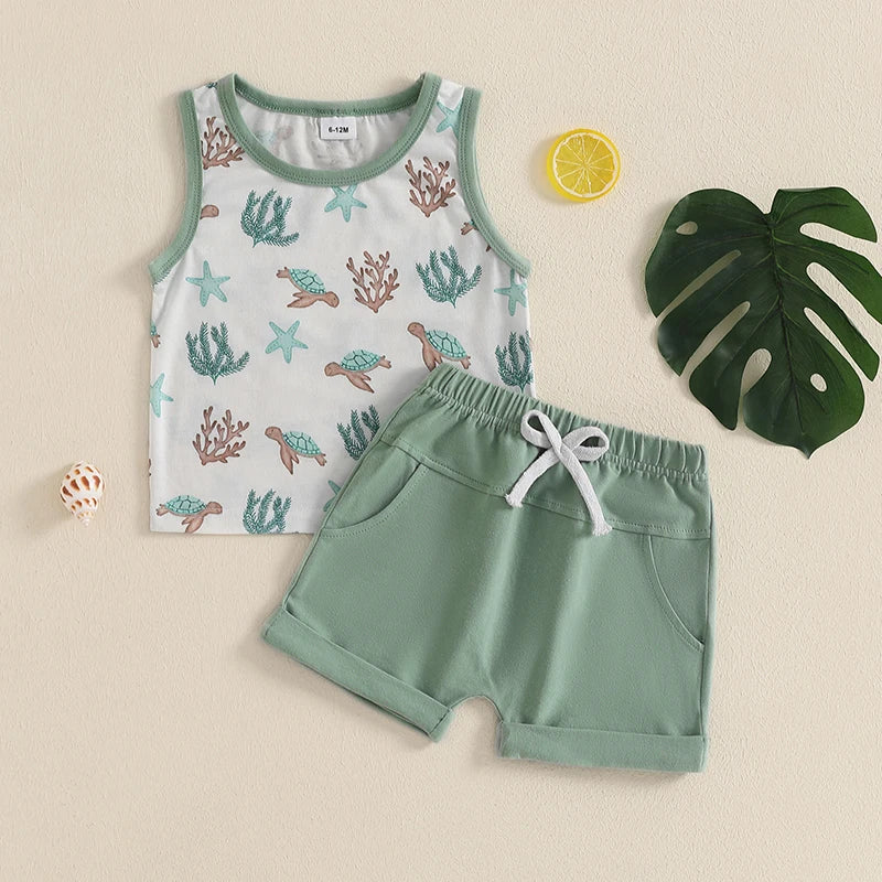 Infant Toddler Baby Boy Summer Clothes Sleeveless Pattern Print Tank Vest Top Solid Jogger Shorts Set Beach Outfit