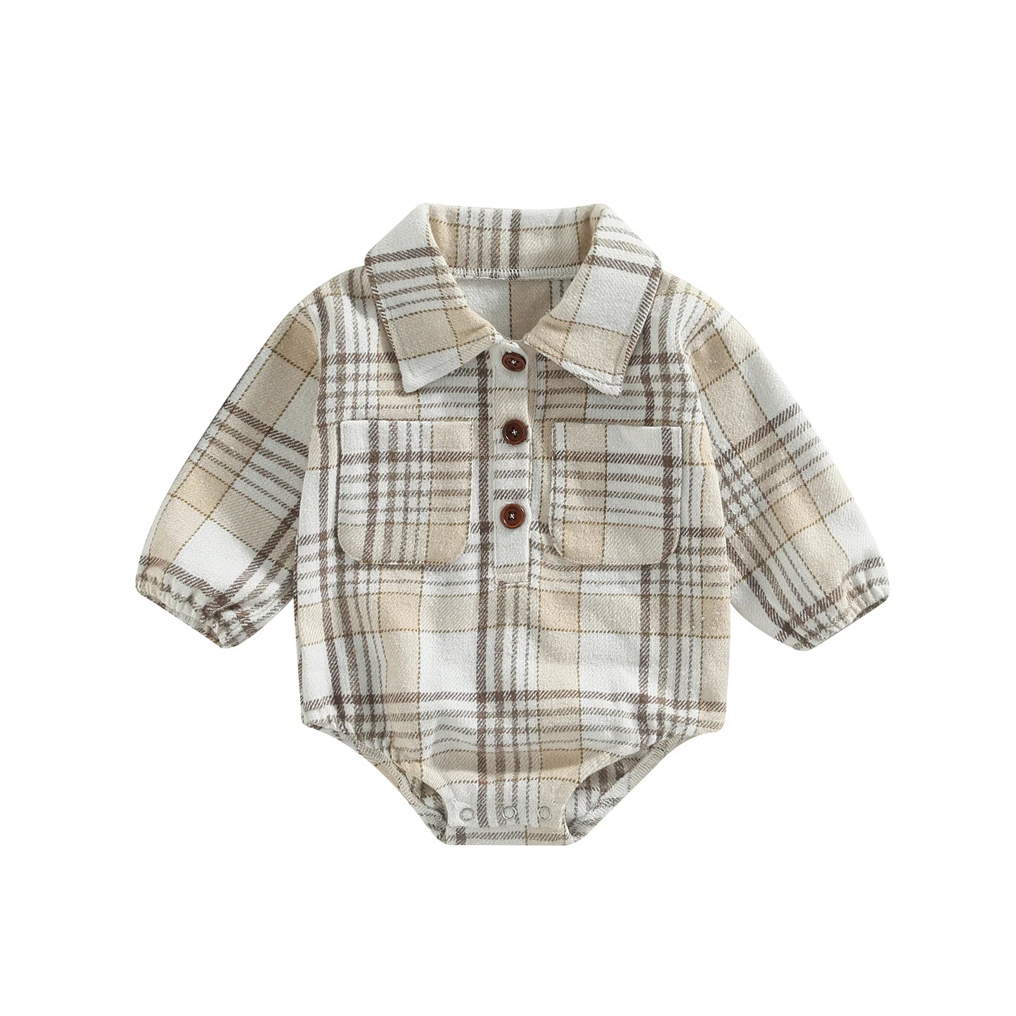Baby Boy Button Up Long Sleeve Vintage Plaid Pattern Romper with Pockets