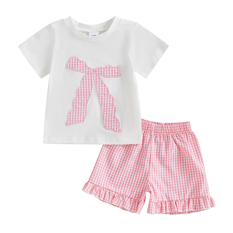 Toddler Baby Girl Summer Outfit Bow Embroidery Short Sleeve Tops Plaid Ruffle Shorts Set