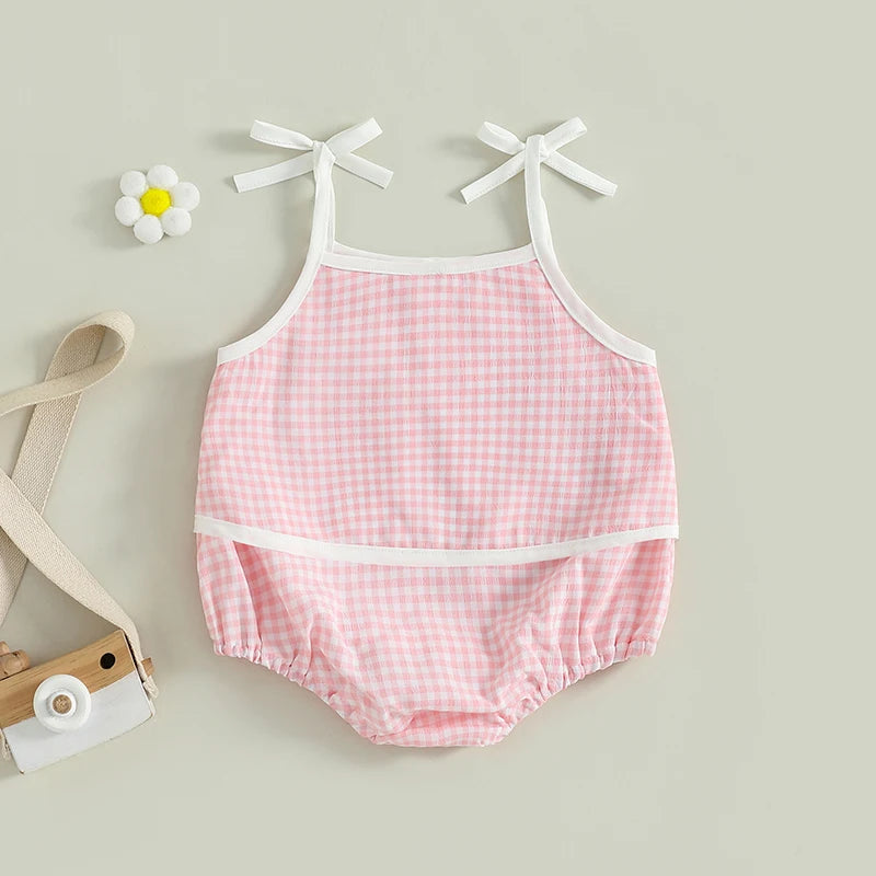 Baby Girl Summer Plaid Romper Sleeveless Flower Embroidery Strappy Shoulder Cami Jumpsuit