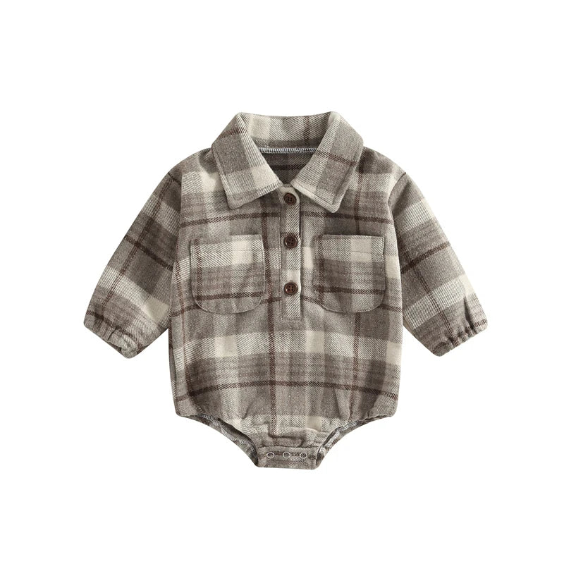 Baby Boy Button Up Long Sleeve Vintage Plaid Pattern Romper with Pockets