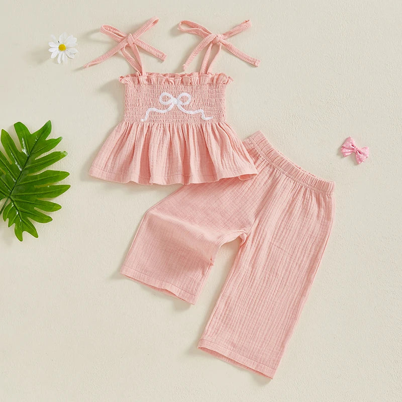 Toddler Baby Girl Set Bow Embroidery Sleeveless Smocked Lacing Strap Camisole Elastic Waistband Pants Outfits