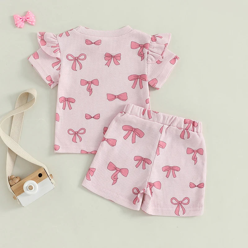 Toddler Girl Summer Clothes Bow Print Short Sleeve O-Neck T-Shirt with Elastic Waist Shorts Waffled Set