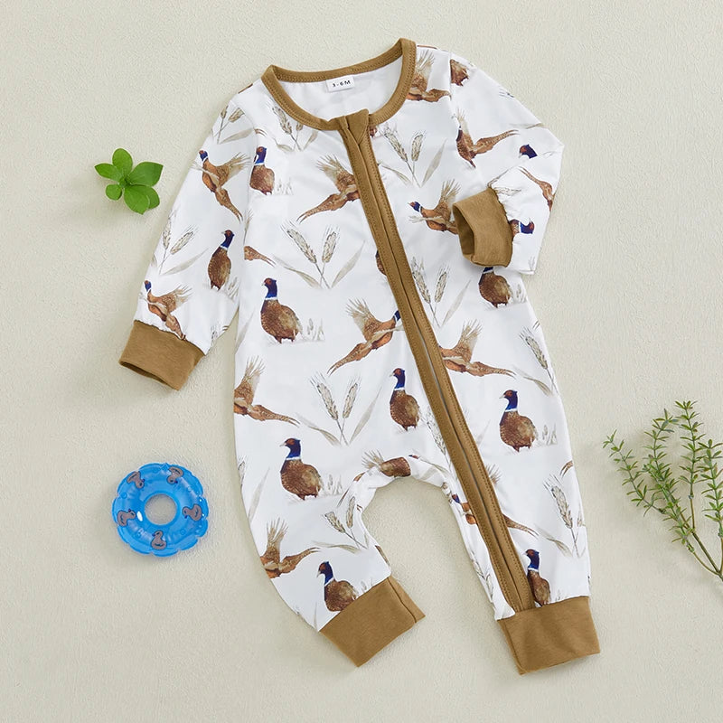 Baby Boys Romper Bird Pattern Zipper Closure Long Sleeve Crew Neck Jumpsuit