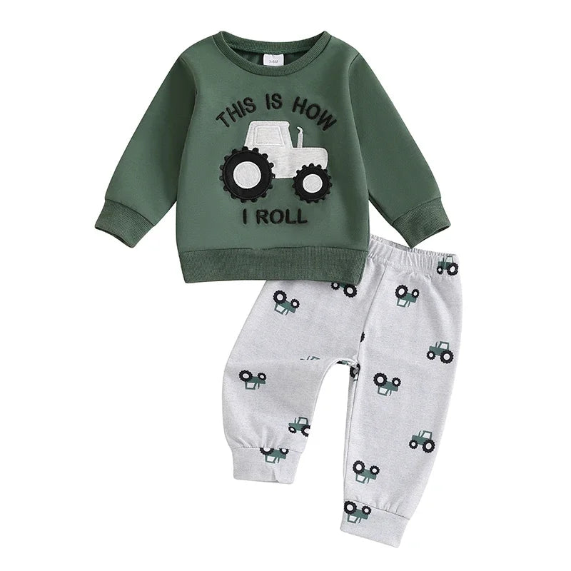 Baby Boys Pants Set Tractor Print Long Sleeve Sweatshirt with Elastic Waist Sweatpants Infant Clothes