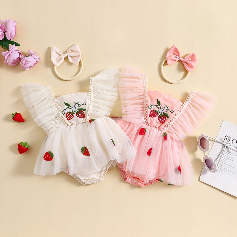 Baby Girls Summer Romper Dress Flying Sleeve Strawberry Embroidery Romper with Headband