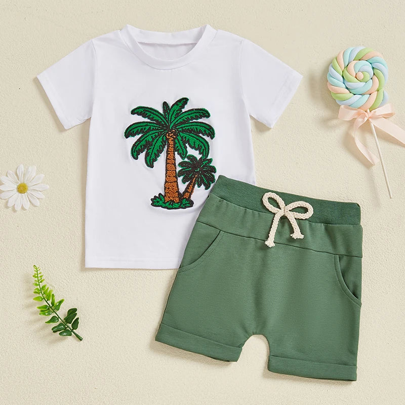 Toddler Boy Summer Outfit Tree/Excavator Embroidered Short Sleeve Round Neck T-Shirt +Solid Shorts 2Pcs Set