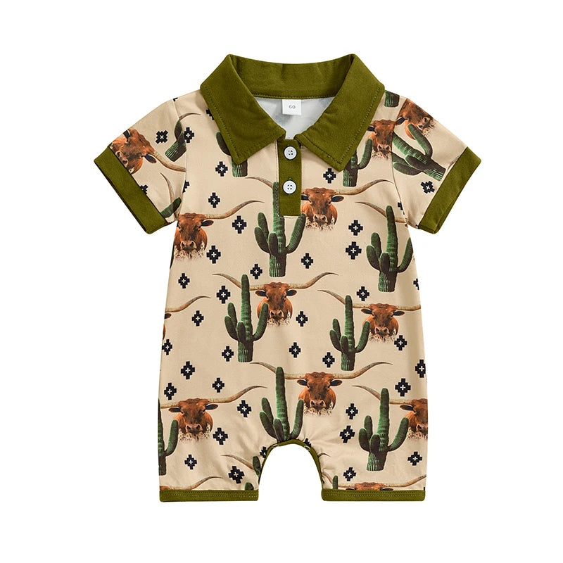 Baby Boys Summer Button Romper Short Sleeve Lapel Western Elements Print Jumpsuit