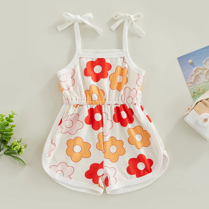 Toddler Baby Girl Summer Jumpsuit Cartoon Flower Print Sleeveless Sling Tie-Up Shorts Romper