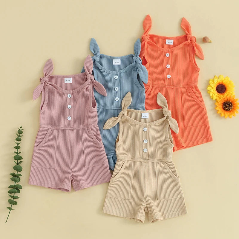 Toddler Kids Girls Rompers Shorts 4 Colors Solid Sleeveless Ribbed Knitted Jumpsuit Overalls Summer Clothes