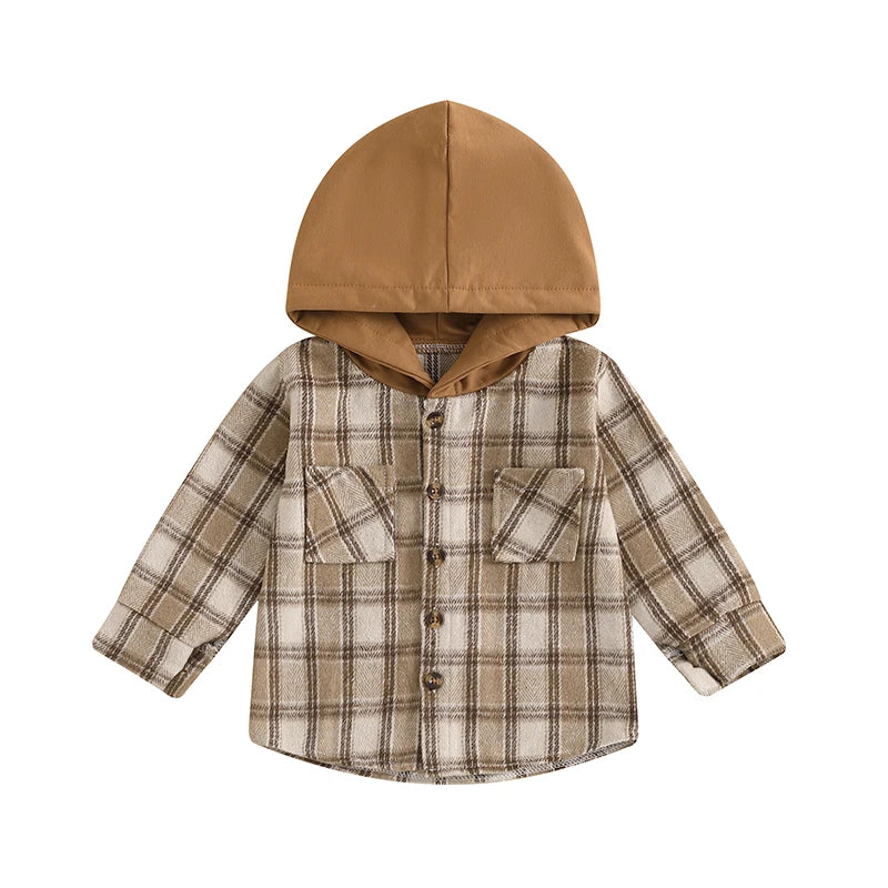 Toddler Baby Boys Plaid Pocket Button Long Sleeve Hooded Cardigan Jackets Tops Outwear
