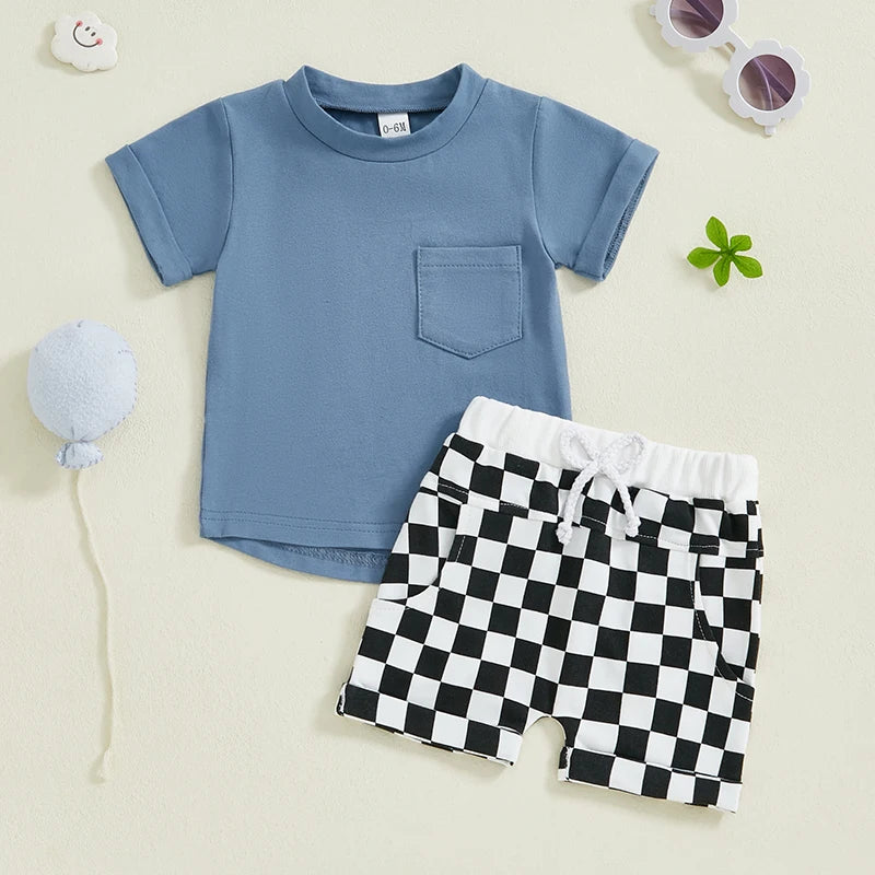 Toddler Baby Boy Summer Outfits Solid Color Short Sleeve T-shirt Checkered Shorts 2Pcs Set