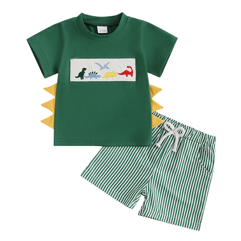 Toddler Baby Boy Shorts Set Whale/Dinosaur/Turtle Short Sleeve T-shirts Striped Elastic Waist Shorts Summer Outfit