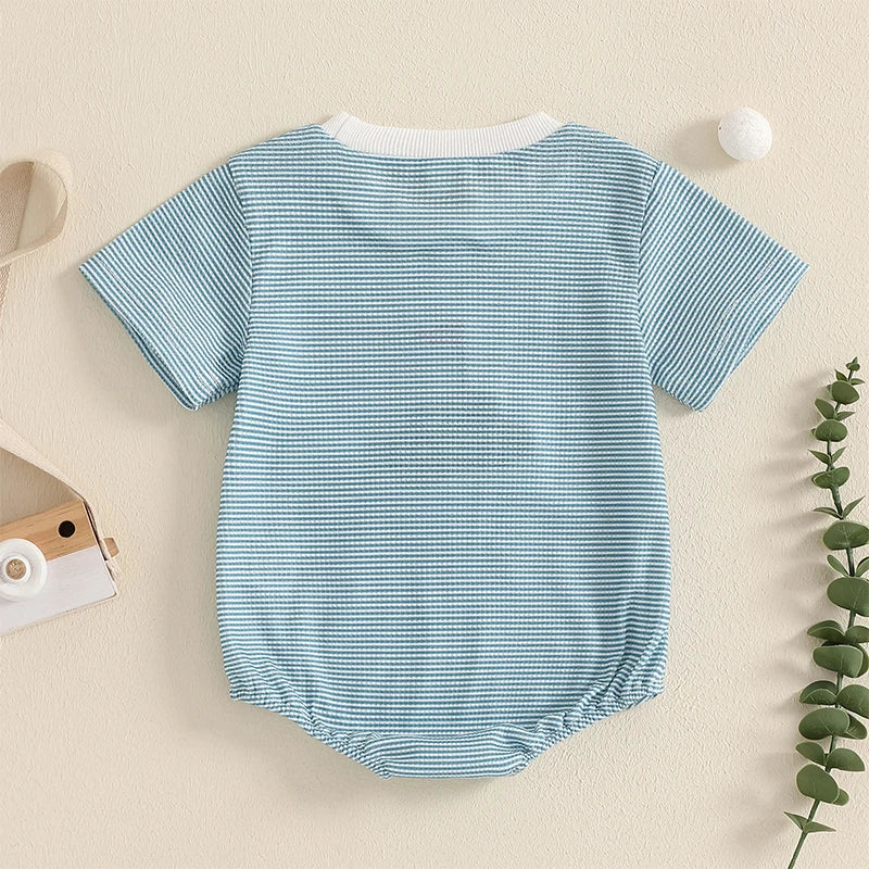 Newborn Baby Boy Summer Romper Short Sleeve Round Neck Stripes Print Bodysuit Playsuit