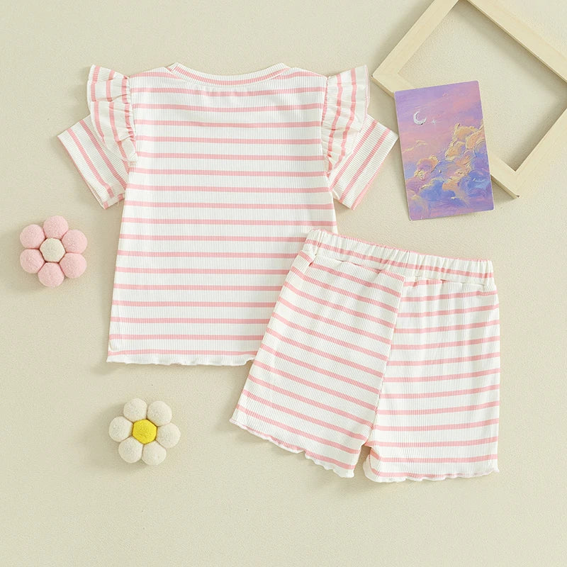 Toddler Baby Girl Summer Outfit Waffle Knit Frilly Short Sleeve T-Shirt Shorts Set 2Pcs Clothes Set