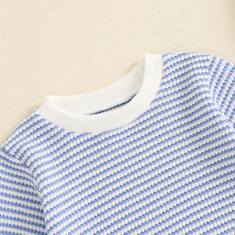 Toddler Waffle Sweatshirt Romper Casual Stripe Print Long Sleeve Jumpsuit