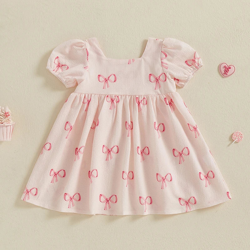 Toddler Girls Dress Bowknot Print Sqaure Neck Short Sleeve Casual Dress Baby Summer Dress