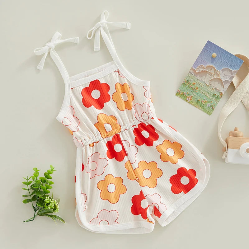 Toddler Baby Girl Summer Jumpsuit Cartoon Flower Print Sleeveless Sling Tie-Up Shorts Romper