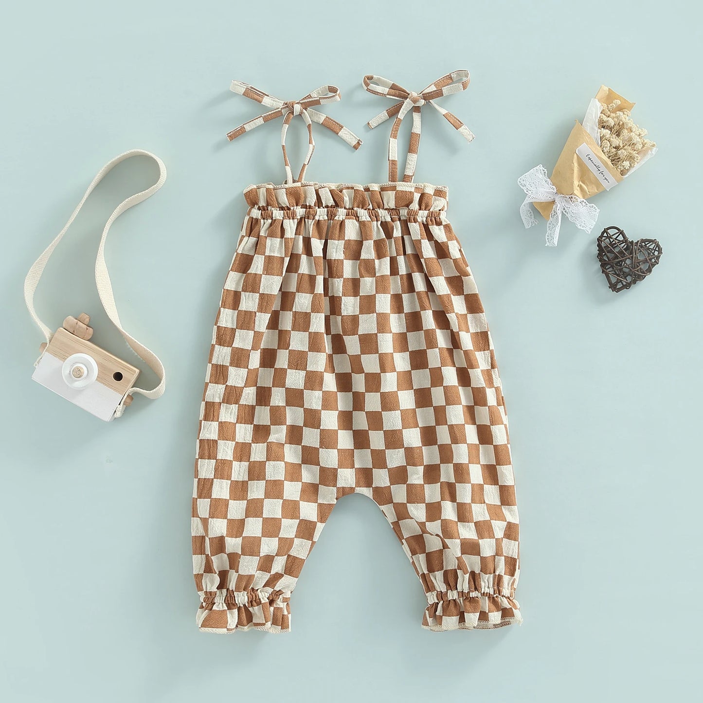 Baby Girls Casual Jumpsuit Brown Plaid Pattern Sleeveless Tie-up Strap Romper Summer Clothing
