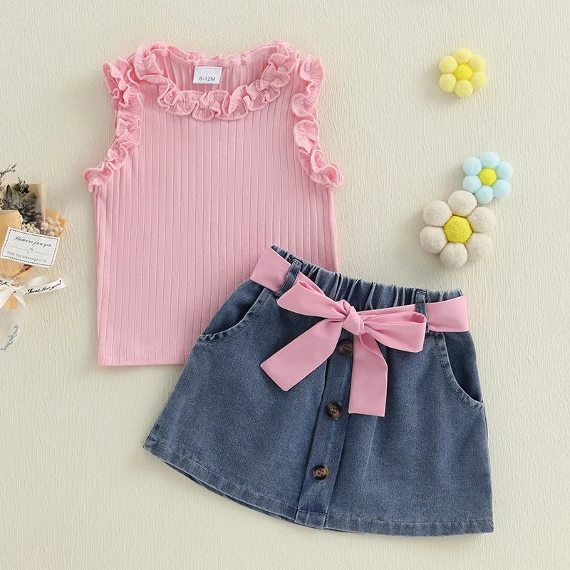 Toddler Kids Girl Outfit Solid Color Ruffles Tank Tops and Button Denim Skirt with Belt Set Summer Clothes