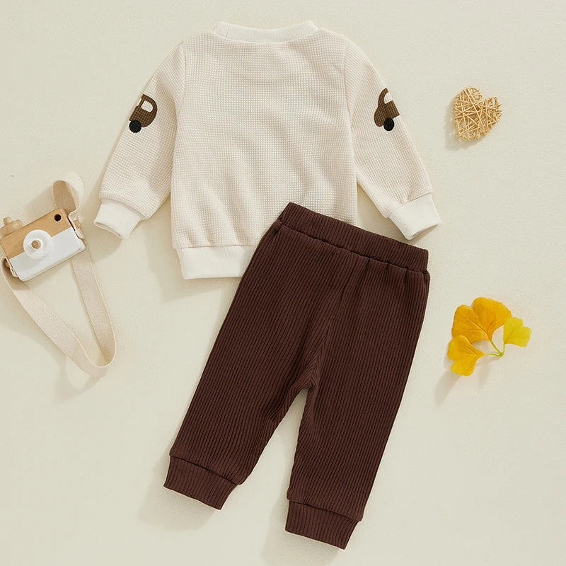 Baby Boy Track Suit Car Print Waffle Long Sleeve Sweatshirt and Elastic Pants 2 Piece Outfits for Toddler