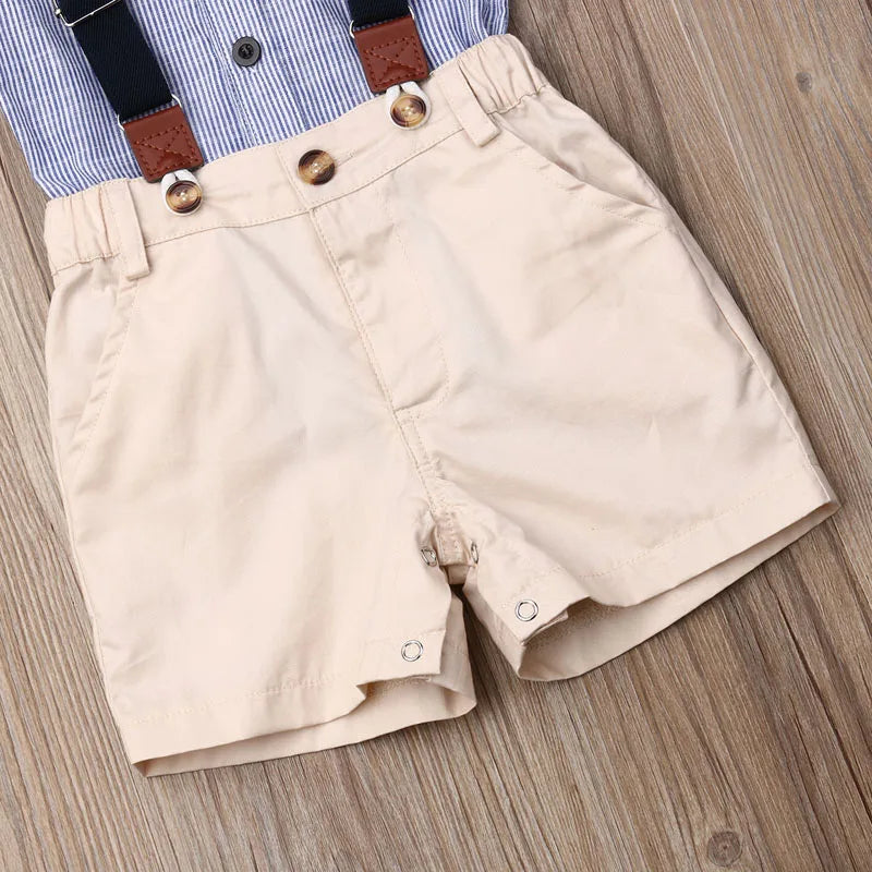 Newborn Boys Summer Clothes Stripe Short Sleeve Gentleman 2PCS Set Romper + Bib Pant Baby School Outfit Outfits