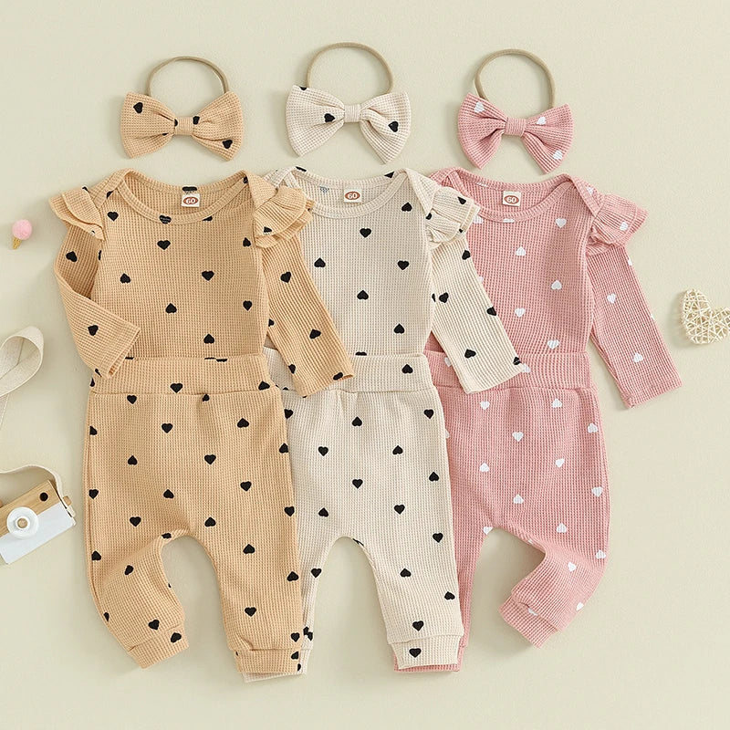 Infant Baby Girl Clothes Set Waffle Knit Heart Long Sleeve Romper Pants Headband Suit Outfits Fall Clothes