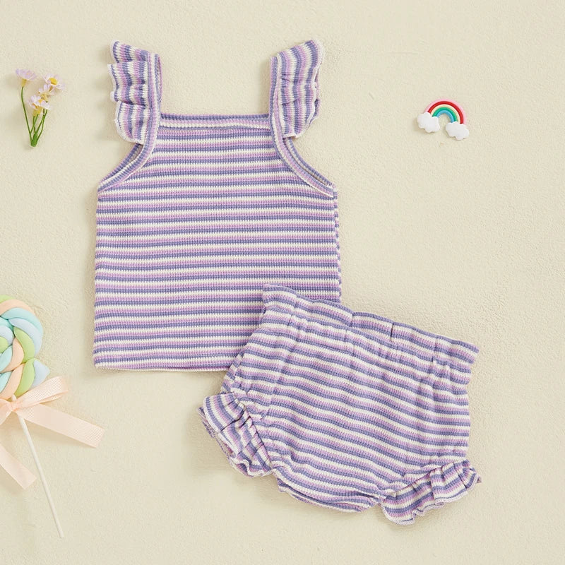 Toddler Baby Girl Striped Outfit Fly Sleeve Cami Tops Elastic Waist Ruffle Shorts Baby Girls Summer Outfit