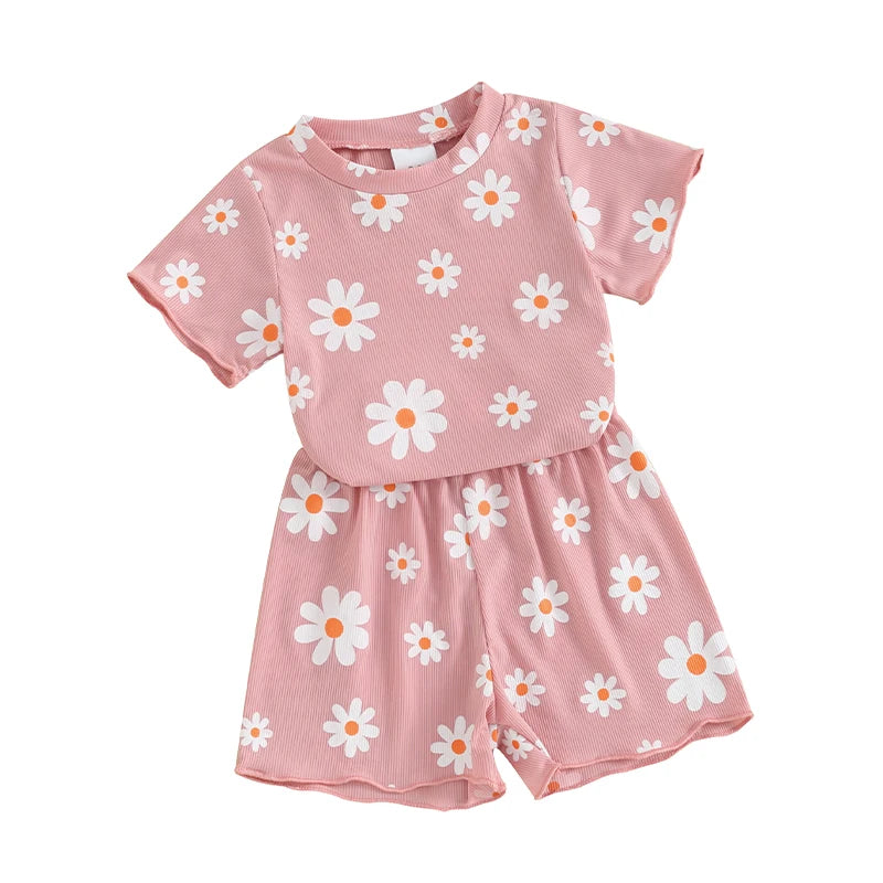Toddler Baby Girl Summer Clothes Floral Short Sleeve Crewneck T-Shirts Shorts Set Outfit