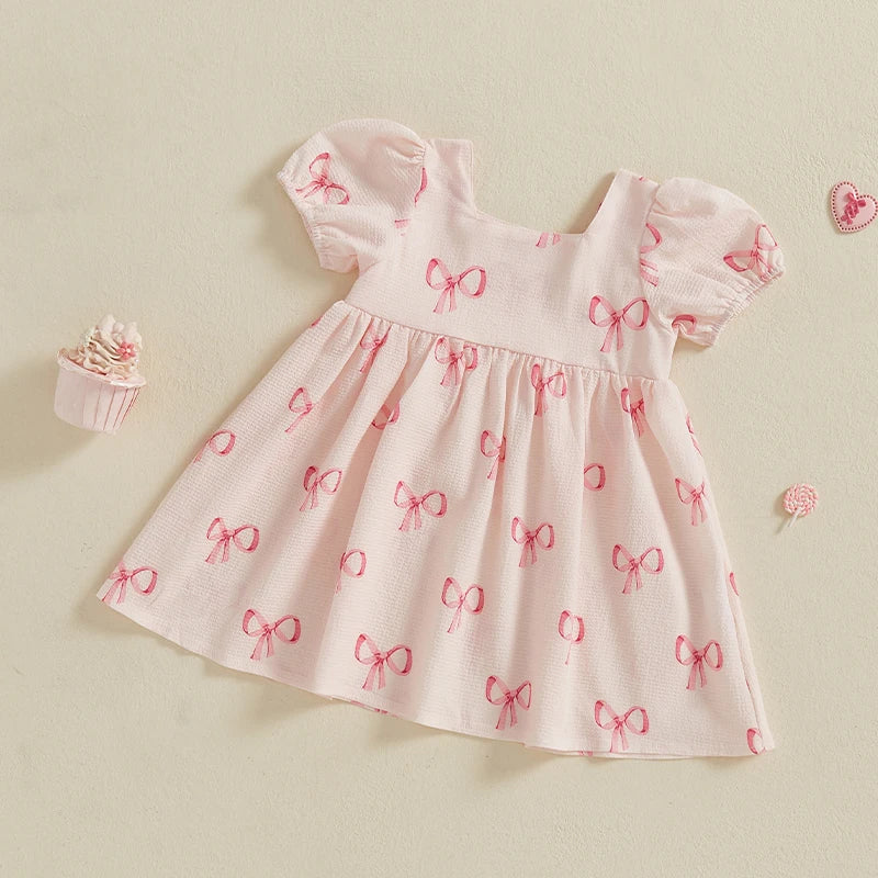 Toddler Girls Dress Bowknot Print Sqaure Neck Short Sleeve Casual Dress Baby Summer Dress