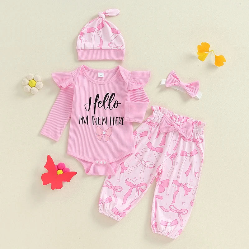 Baby Girl Fall 4 Pcs Outfit Letter Long Sleeve Romper with Bow Pattern Pants and Headband Hat Set