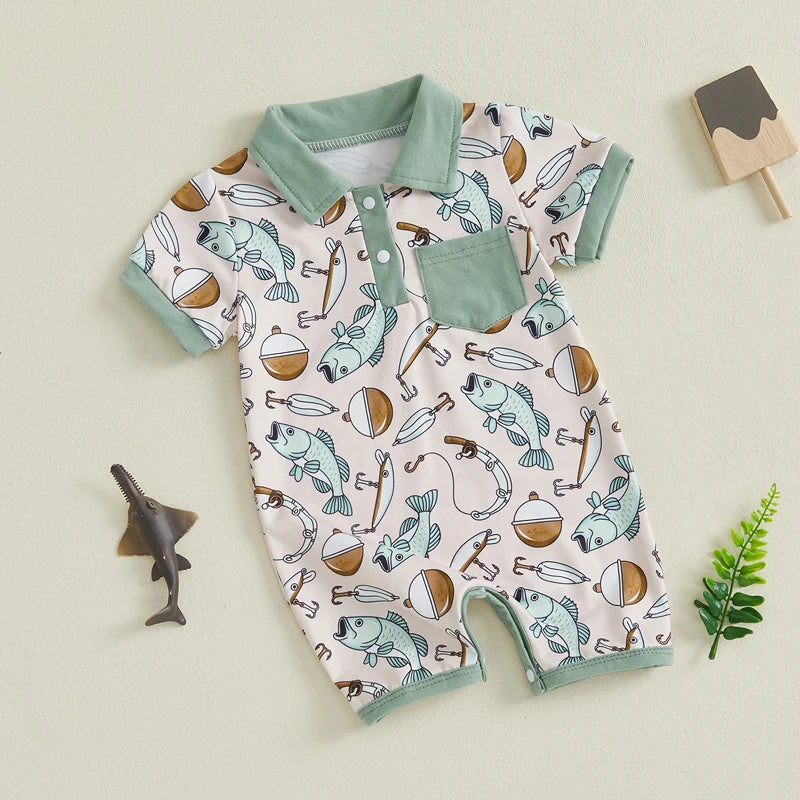 Baby Boy Fish Print Romper Half Button-up Lapel Neck Short Sleeve Bodysuit Cute Summer Clothes