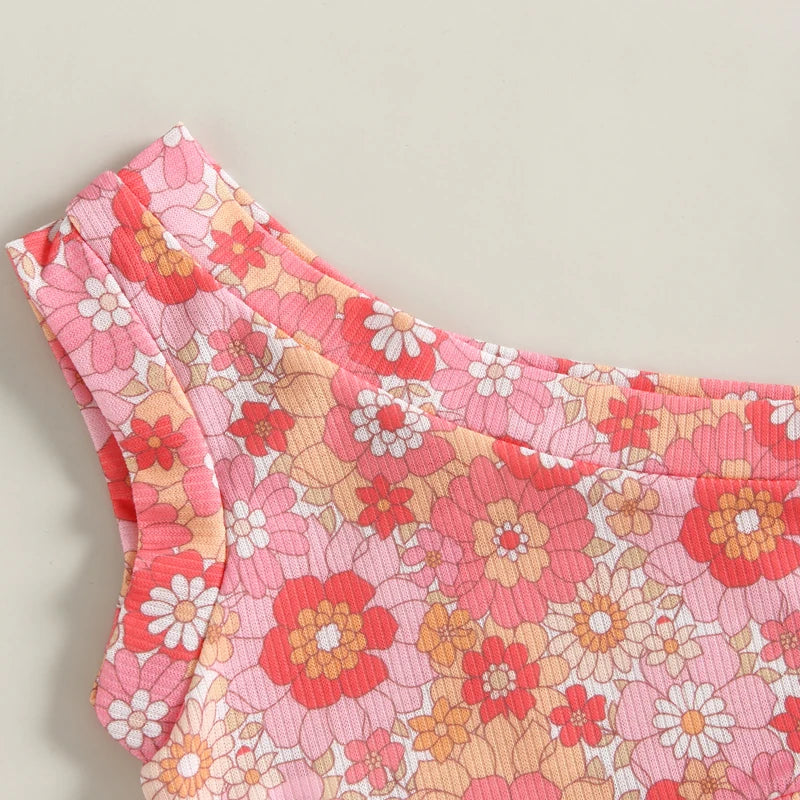 Toddler Girls 3Pcs Summer Outfit Sets Sleeveless One Shoulder Vest Floral Flared Pants Headband