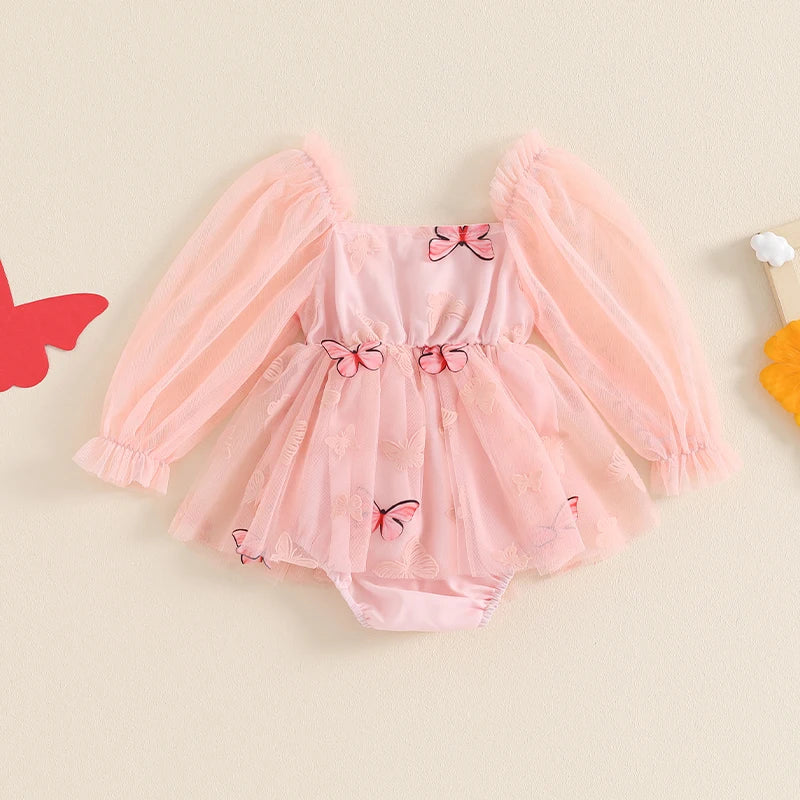 Baby Girls Mesh Romper Dress Butterfly Print Long Sleeve Jumpsuits for Newborn Toddler Cute Clothes