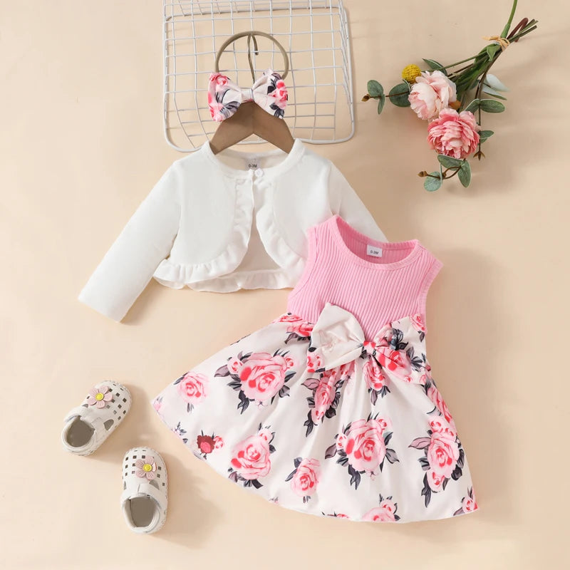 Toddler Girls Outfits Floral A-Line Sleeveless Dress Long Sleeves Jacket and Headband for Summer Clothes