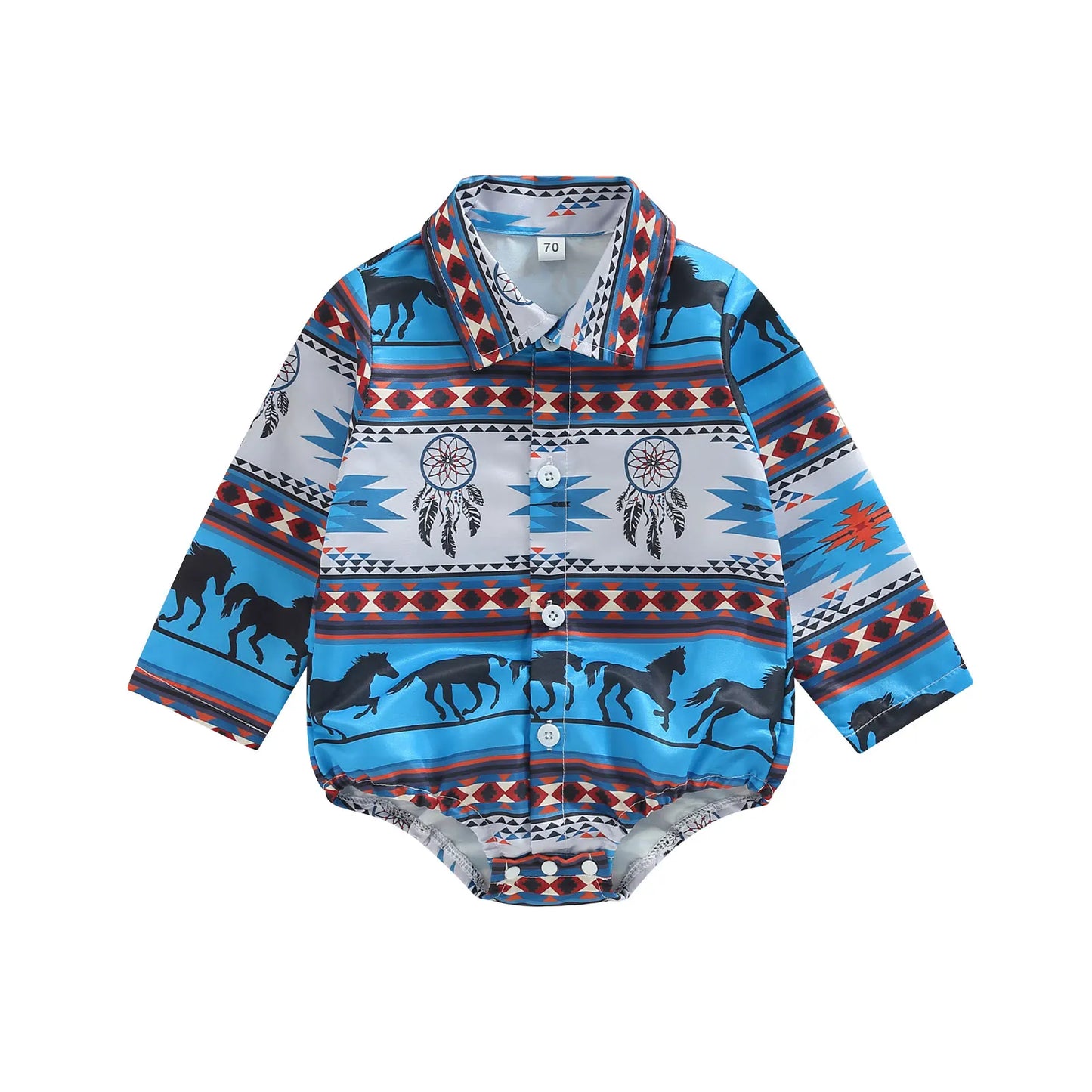 Baby Boys Long Sleeve Lapel Western Cattle/Horse Print Button Romper