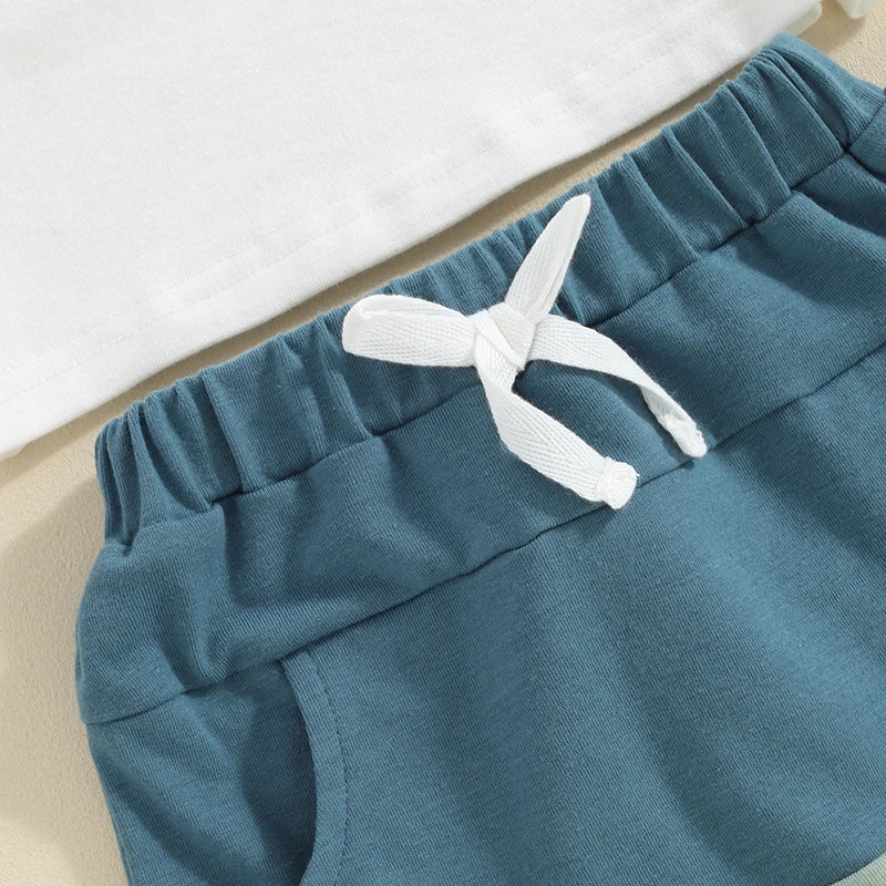 Toddler Boys Summer Outfits Letter Print Short Sleeve T-Shirts Tops and Elastic Waist Contrast Color Shorts Set