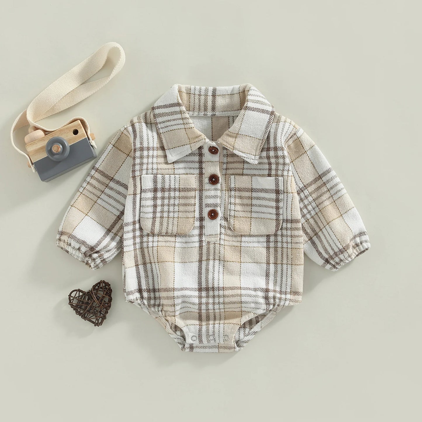 Baby Boy Button Up Long Sleeve Vintage Plaid Pattern Romper with Pockets