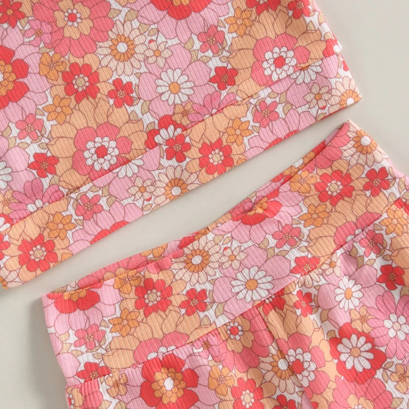 Toddler Girls 3Pcs Summer Outfit Sets Sleeveless One Shoulder Vest Floral Flared Pants Headband
