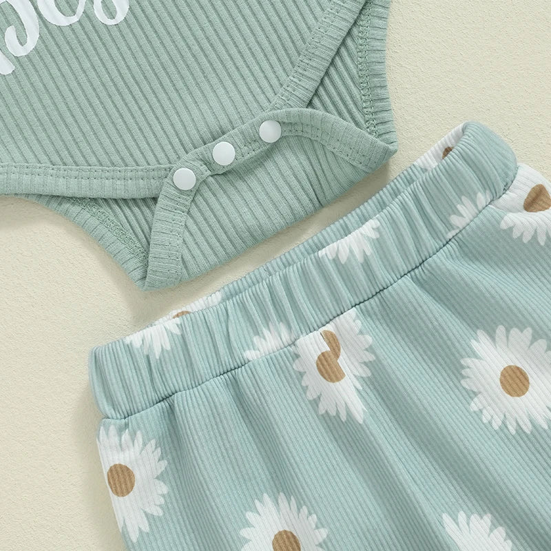 Baby Girls Fall Outfits Letter Print Long Sleeve Romper and Elastic Daisy Flared Pants Headband Set