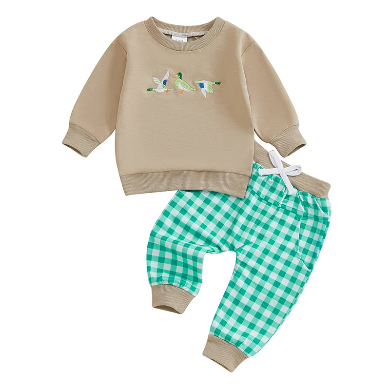 Toddler Baby Boy Girl Duck Clothes Long Sleeve Sweatshirt Plaid Elastic Waist Long Pants Outfit