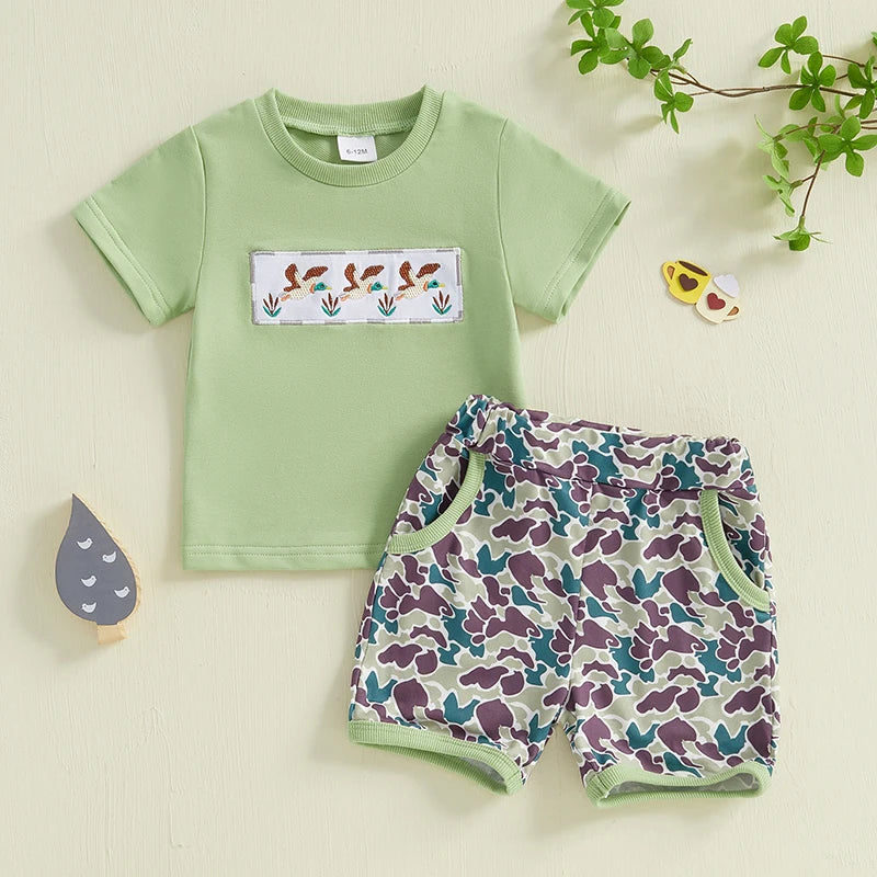 Toddler Baby Boys Summer Outfits Duck Embroidery Short Sleeves T-Shirt and Elastic Camouflage Shorts Clothes Set