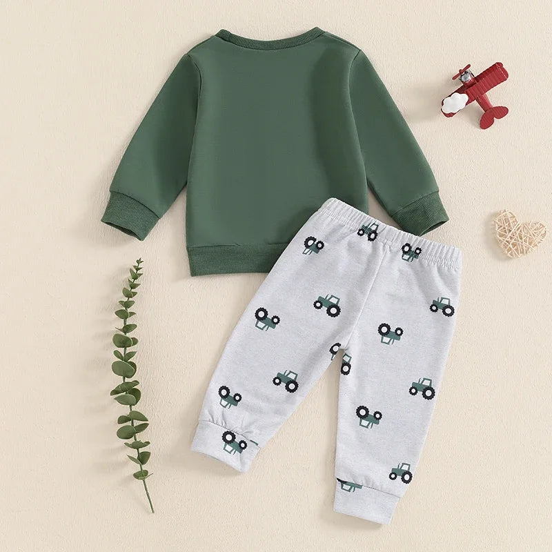 Baby Boys Pants Set Tractor Print Long Sleeve Sweatshirt with Elastic Waist Sweatpants Infant Clothes