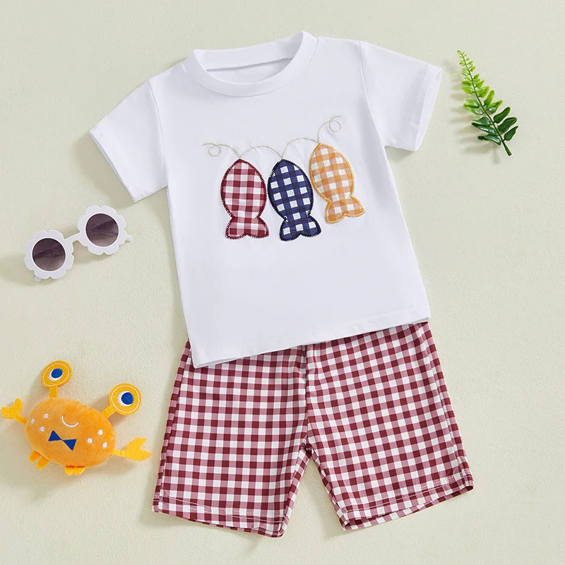 Summer Kid Boys Shorts Sets Short Sleeve O Neck Fish Embroidery Tops and Plaid Shorts Sets