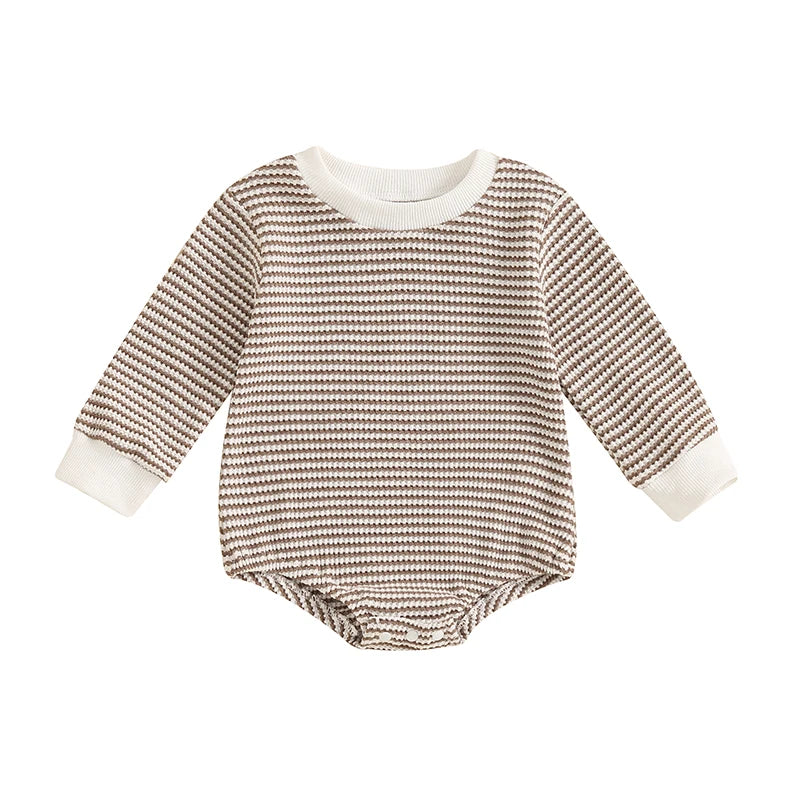 Toddler Waffle Sweatshirt Romper Casual Stripe Print Long Sleeve Jumpsuit