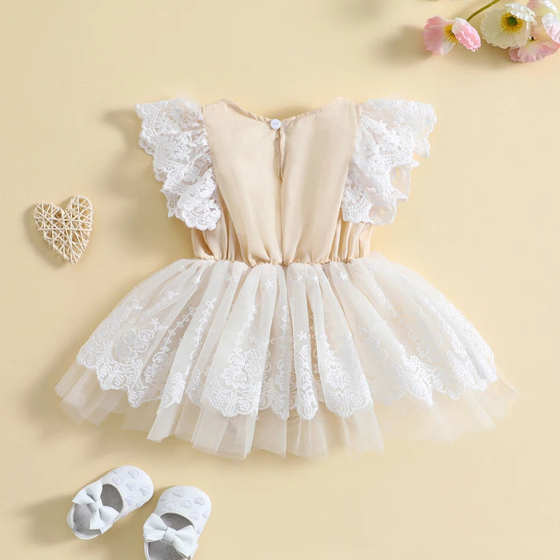 Baby Girls Dress Fly Sleeve Crew Neck Flower Lace Tulle Patchwork A-line Romper Dress