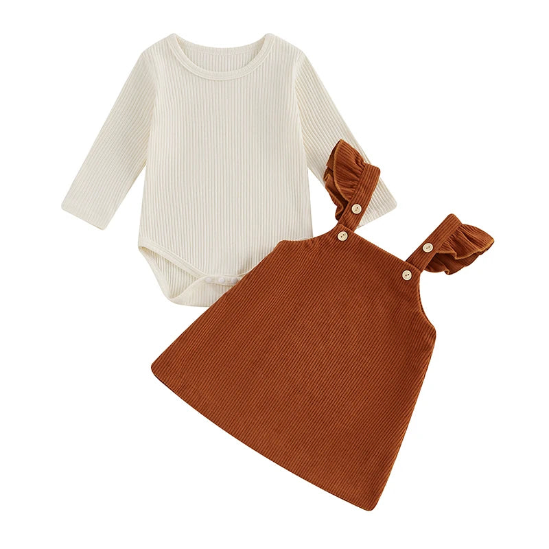 Newborn Baby Girls 2Pcs Fall Outfits Long Sleeve Ribbed Romper + Corduroy Overall Dress Set Clothes
