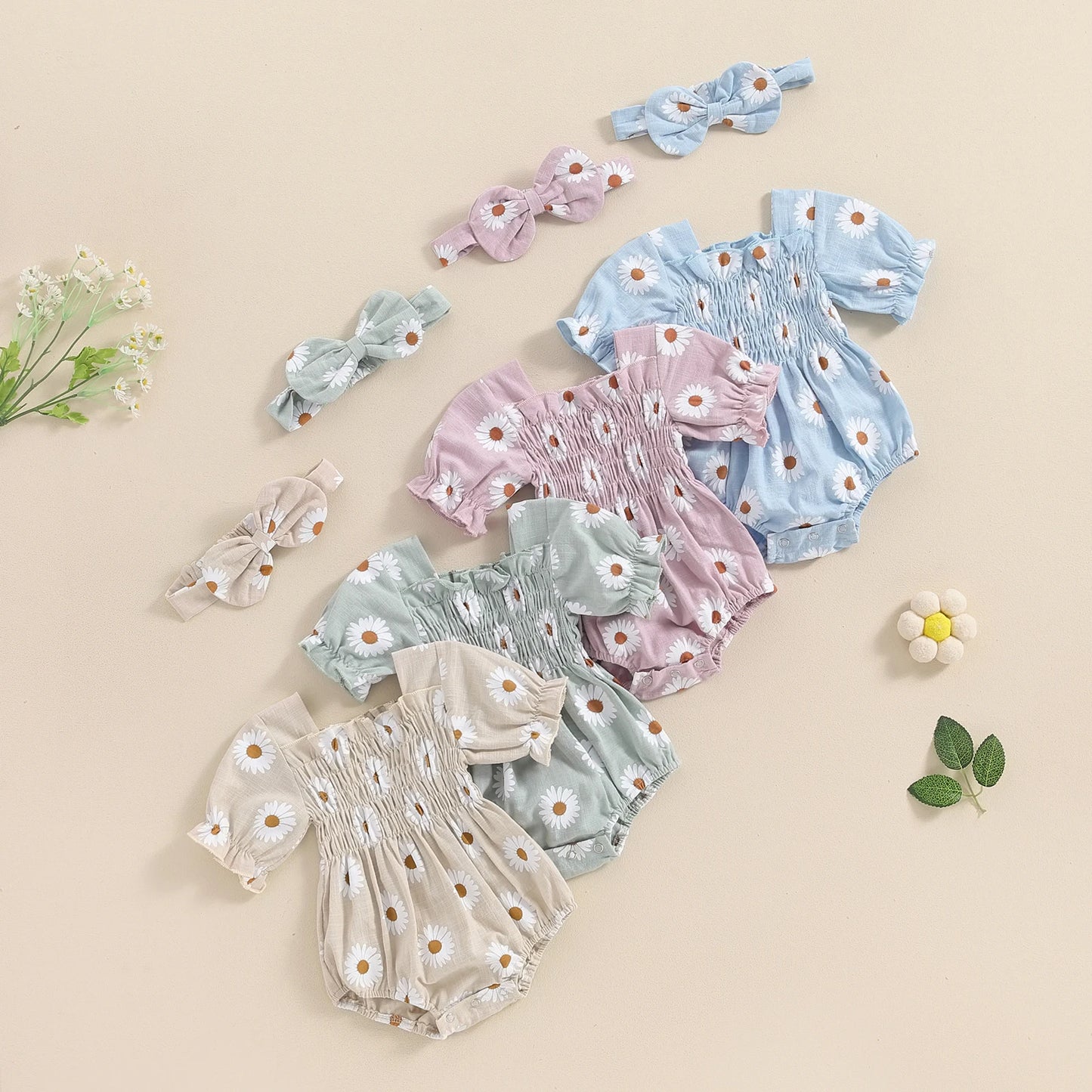 Baby Girl 2Pcs Summer Outfits Short Sleeve Daisy Print Smocked Romper with Headband Set Newborn Clothes